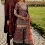 Rosewood Net Shirt with Embroidered Organza Sharara and Banarsi Dupatta Ensemble
