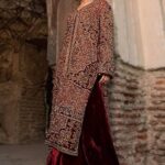 Dark Scarlet Velvet and Raw Silk Embellished Sharara Set