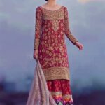 Burgundy and Khaki Net Sharara Ensemble