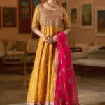 Gamboge Anarkali Shirt with Amaranth Sharara and Organza Dupatta Ensemble