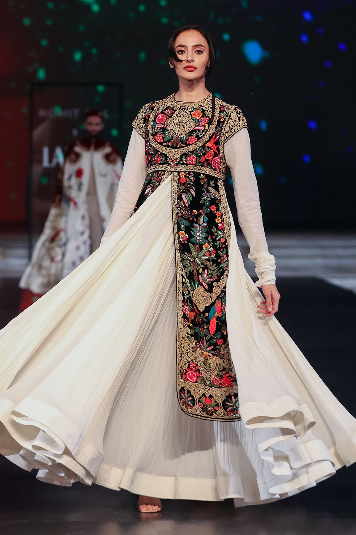 Ivory and Black Velvet–Chanderi Anarkali Set - Image 3