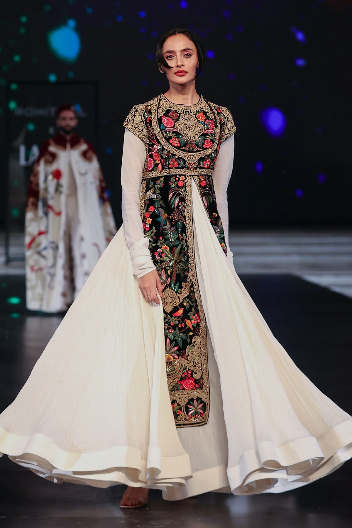 Ivory and Black Velvet–Chanderi Anarkali Set - Image 4