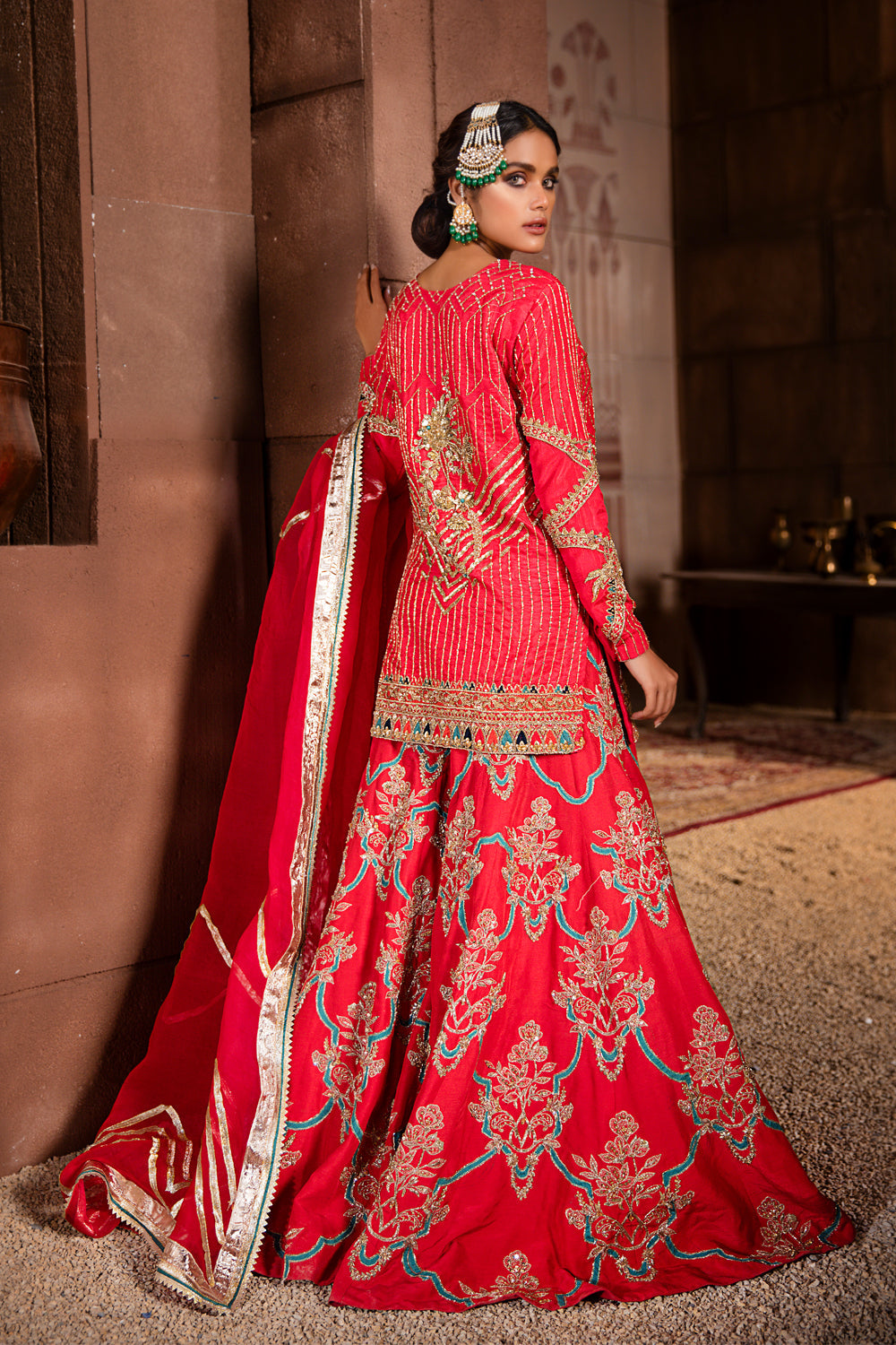 Coral Pink Raw Silk Bridal Ensemble - Image 3