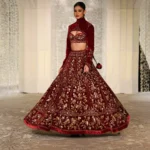 Wine Velvet Embroidered Lehenga Set