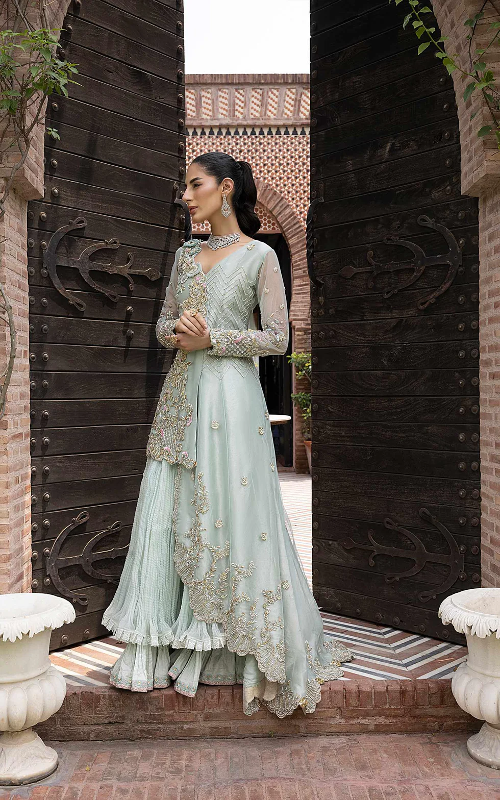 Opulent Pastel Mint Embroidered Ensemble - Image 3