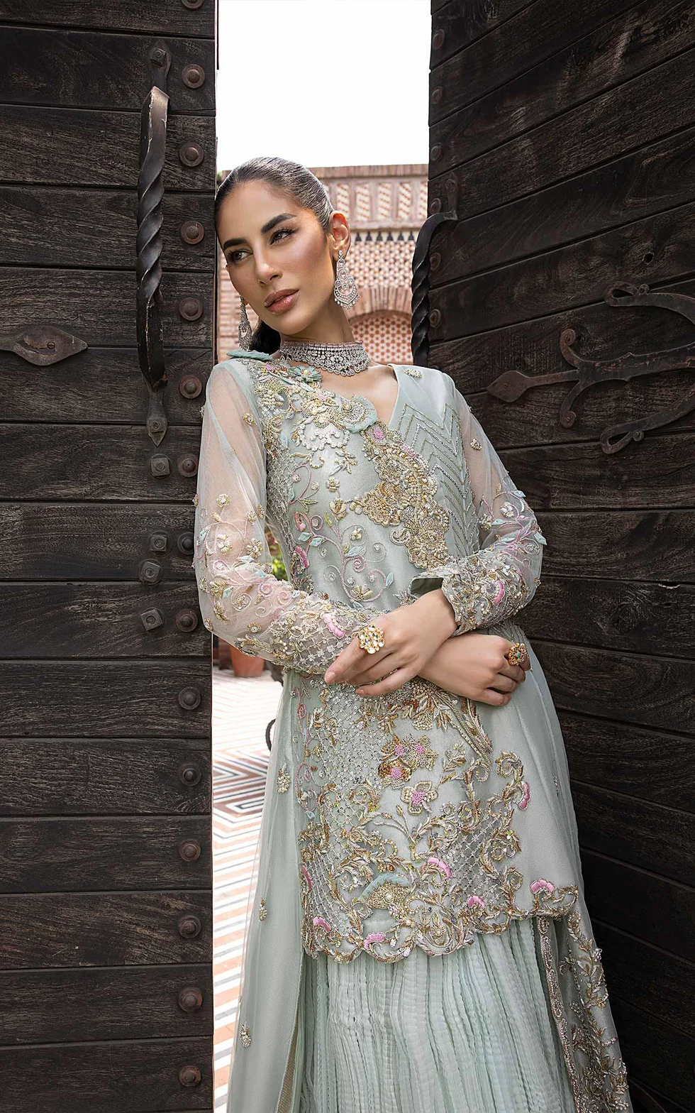 Opulent Pastel Mint Embroidered Ensemble - Image 5