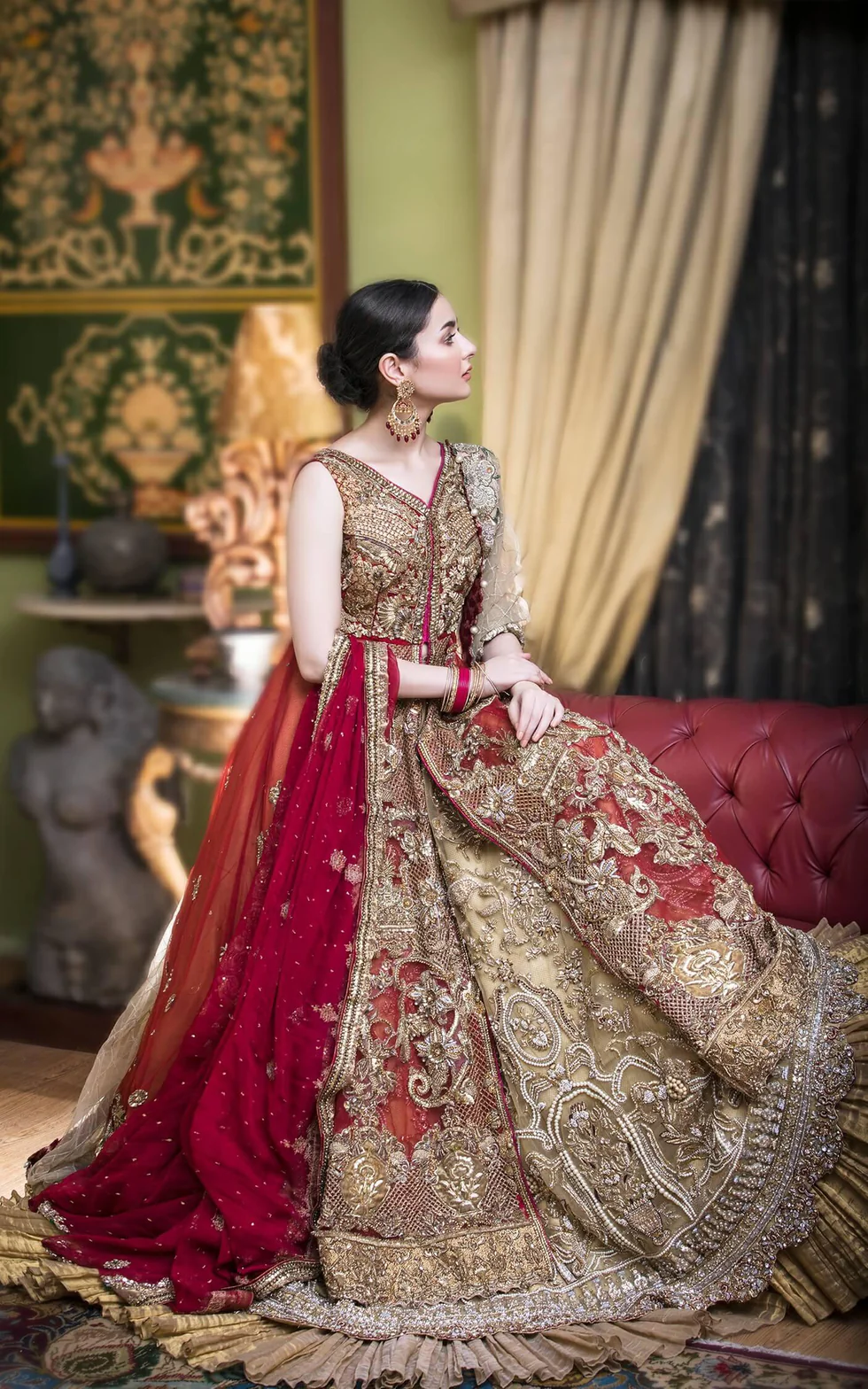 Opulent Maroon and Gold Bridal Ensemble - Image 3