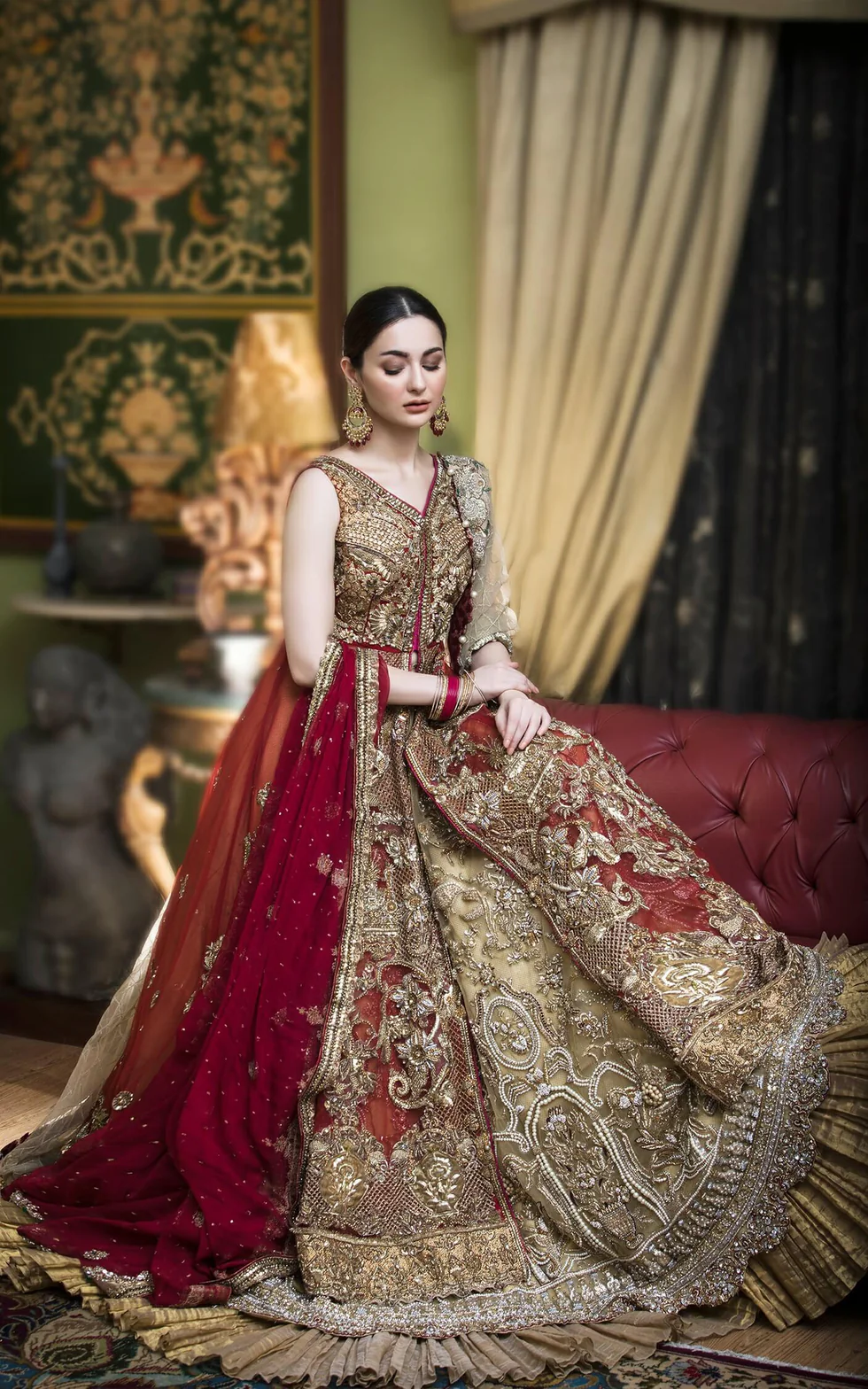 Opulent Maroon and Gold Bridal Ensemble - Image 4