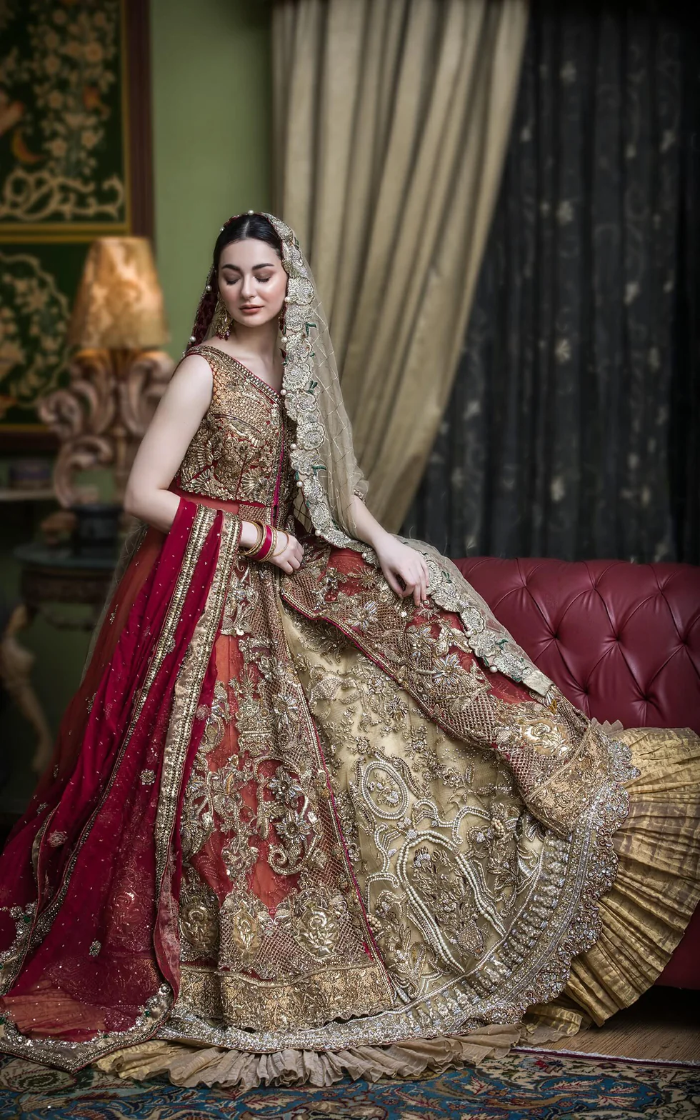 Opulent Maroon and Gold Bridal Ensemble - Image 5