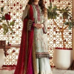 Blossom Breeze: Pastel Blue and Ruby Gharara Ensemble