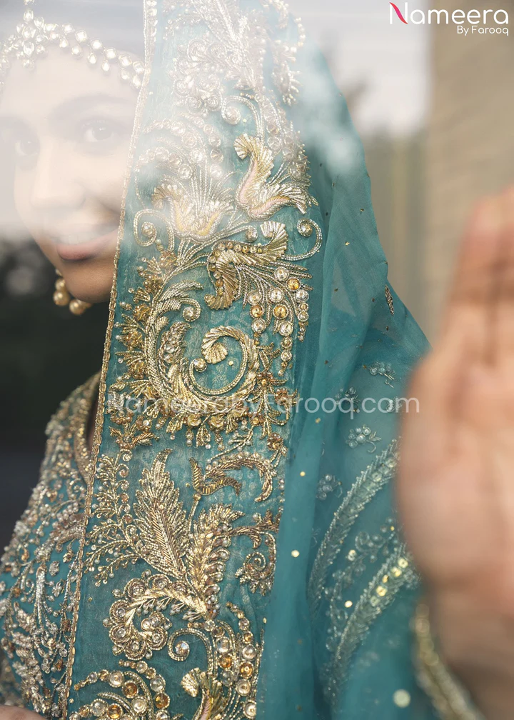 Ferozi Angrakha and Lime Green Sharara Bridal Ensemble - Image 3
