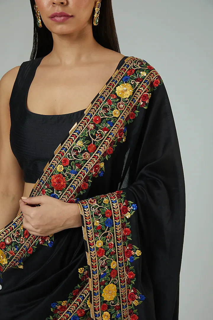 Black Georgette Aari-Embroidered Saree - Image 3