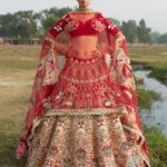 Cherry Red Raw Silk Lehenga Choli with Intricate Tilla Aari Work