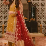 Elegant Mustard Yellow Kameez Trouser with Embellished Organza Dupatta