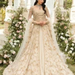 Ivory and Gold Royal Pakistani Bridal Gown with Lehenga