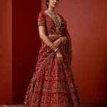 Red Velvet Bridal Lehenga with Copper Tilla Work