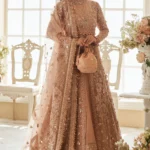 Crepe Pink Pakistani Bridal Ensemble with Crystal and Tilla Embellishments