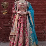 Red & Cyan Raw Silk Pakistani Bridal Lehenga Choli