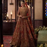 Deep Red Lotus Embellished Bridal Pishwas & Lehenga Set