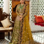 Exquisite Bridal Mehndi Pishwas Frock with Raw Silk Lehenga and Organza Dupatta
