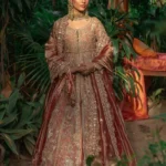 Vermilion Rose Front-Open Net Pishwas with Jamawar Lehnga