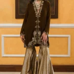 Regal Olive Brown Velvet Gharara Ensemble