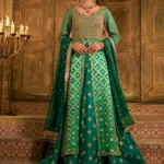 Emerald Green Open Kameez and Lehenga Mehndi Ensemble