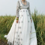 Ivory White Anarkali Maxi – Handcrafted Katan Silk with Elegant Embellishments