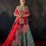 Teal Green and Hot Pink Handcrafted Bridal Lehenga