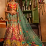Satrangi Mehndi Lehenga Choli with Green Net Dupatta