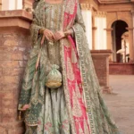 Raw Silk Gharara Kameez Bridal Dress with Jade and Pink Dupatta