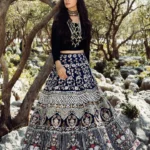 Black Velvet Choli with Navy Blue Embroidered Bridal Lehenga Set