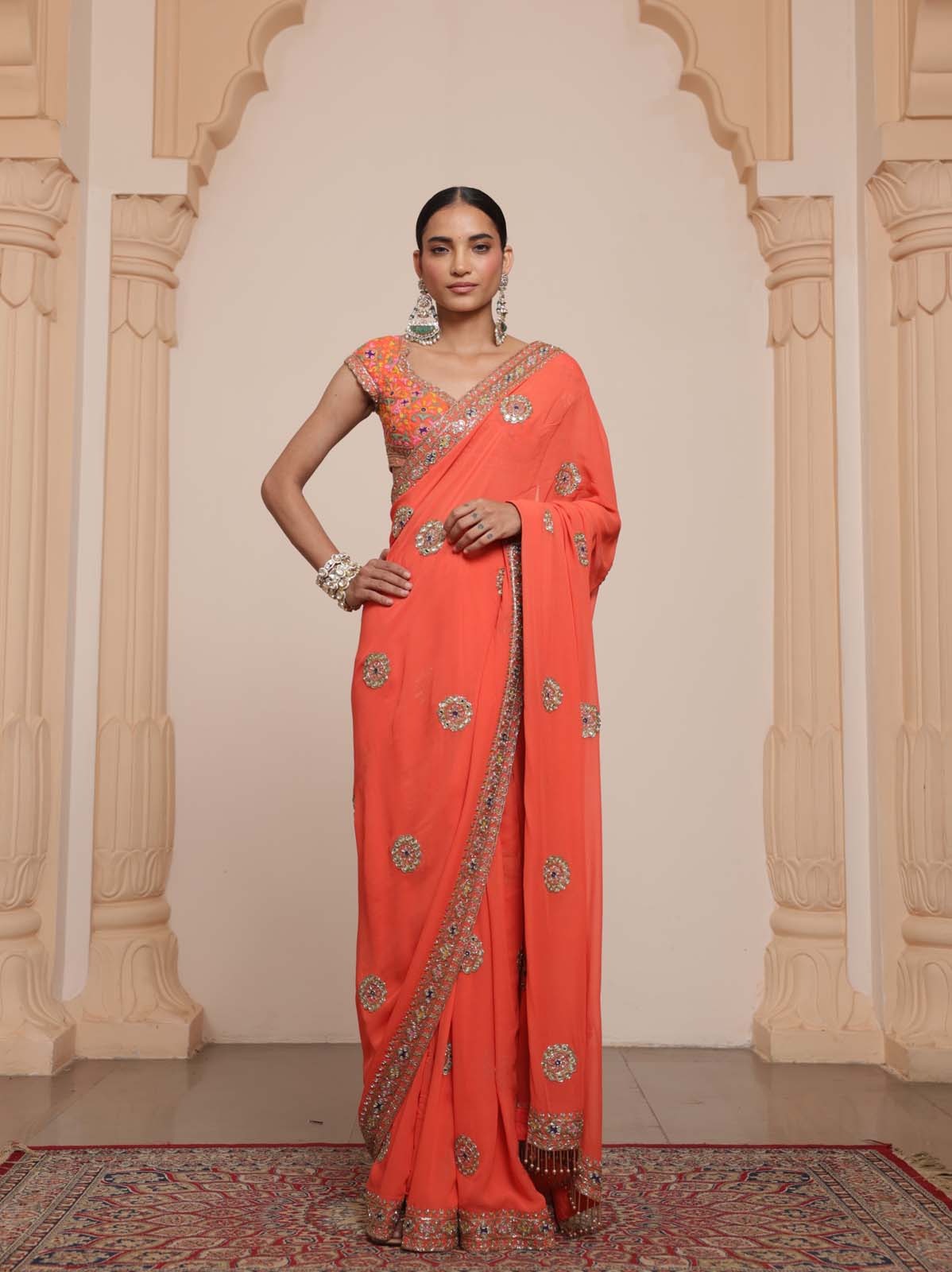 Radiant Rose-Gold Handcrafted Saree Set