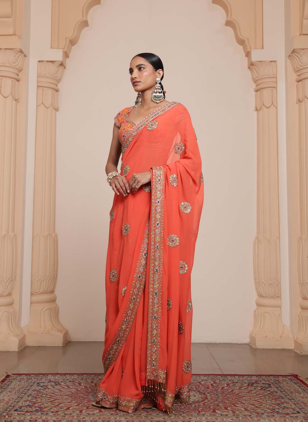 Radiant Rose-Gold Handcrafted Saree Set - Image 3