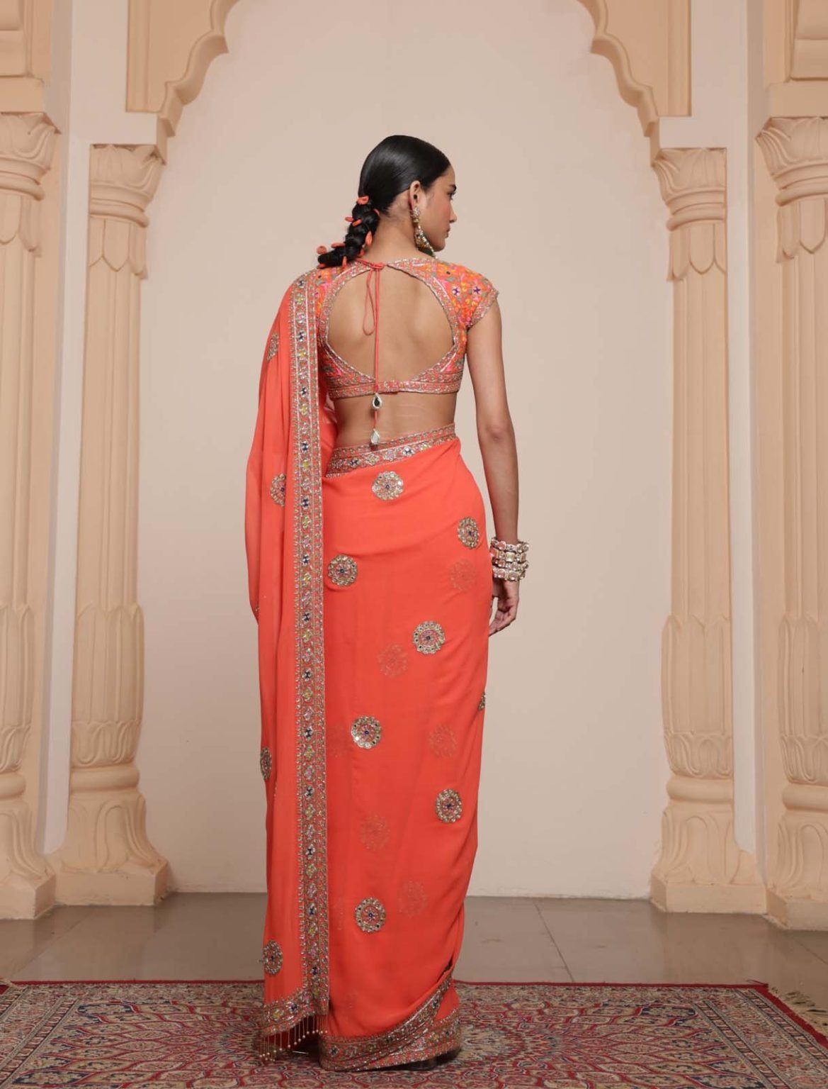 Radiant Rose-Gold Handcrafted Saree Set - Image 4