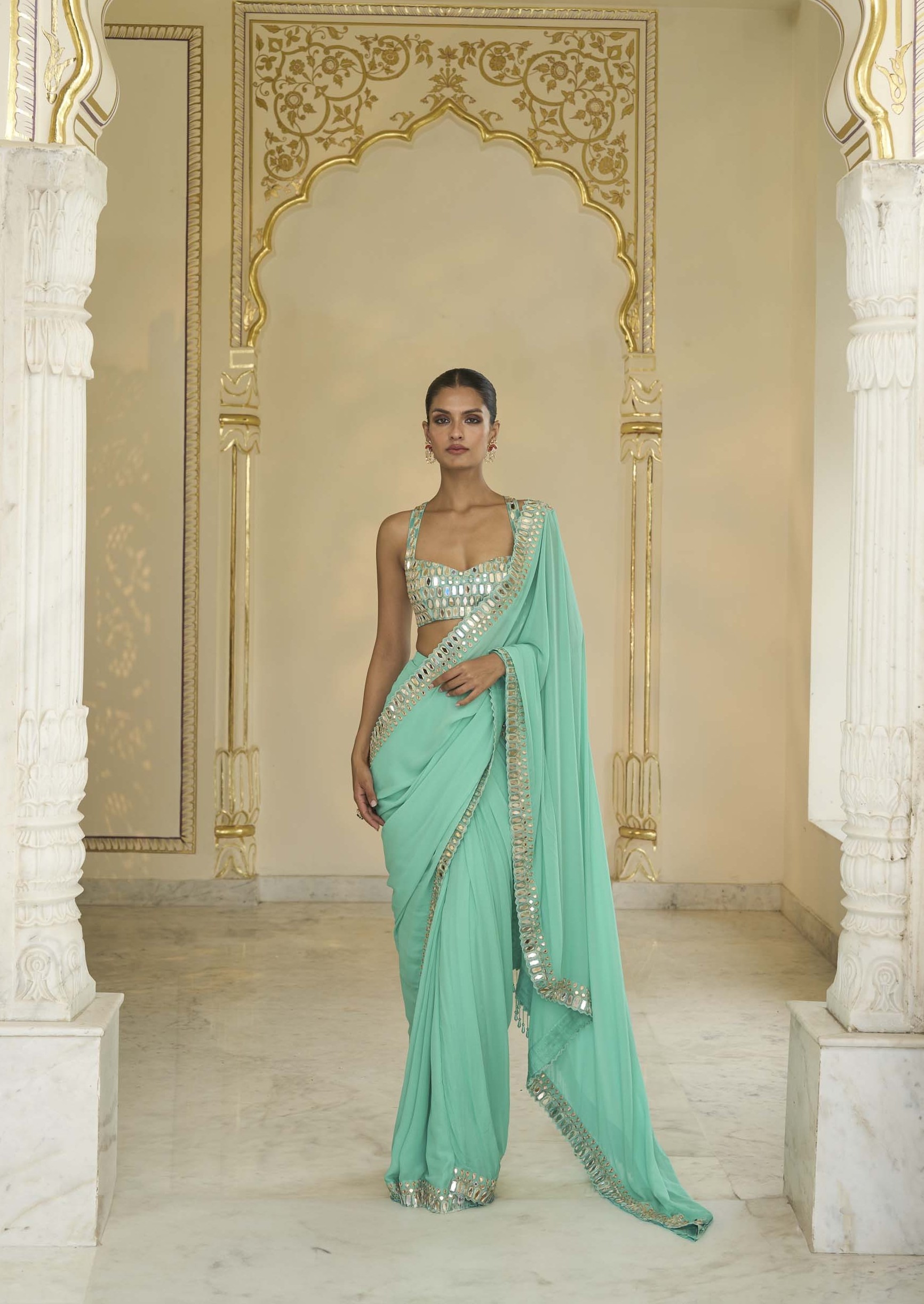 Luminous Turquoise Handcrafted Sari Ensemble