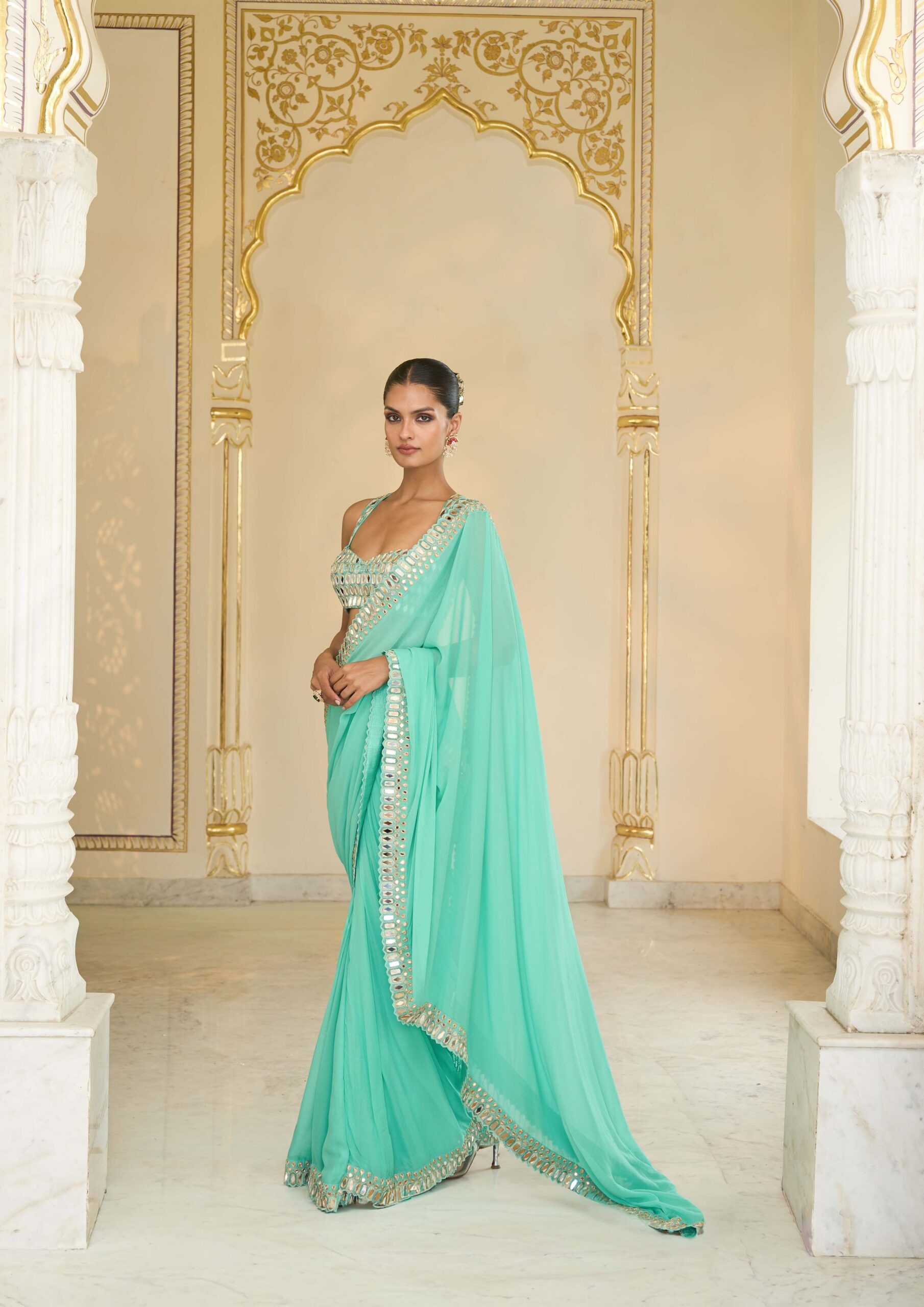 Luminous Turquoise Handcrafted Sari Ensemble - Image 5