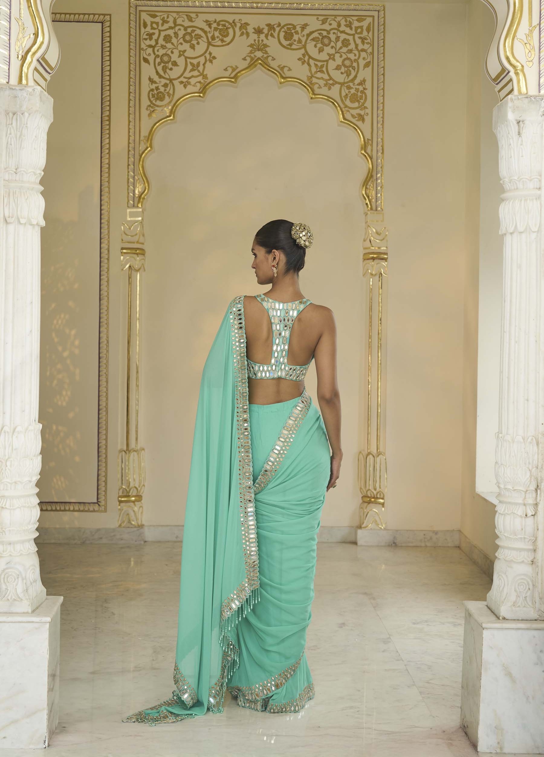 Luminous Turquoise Handcrafted Sari Ensemble - Image 4