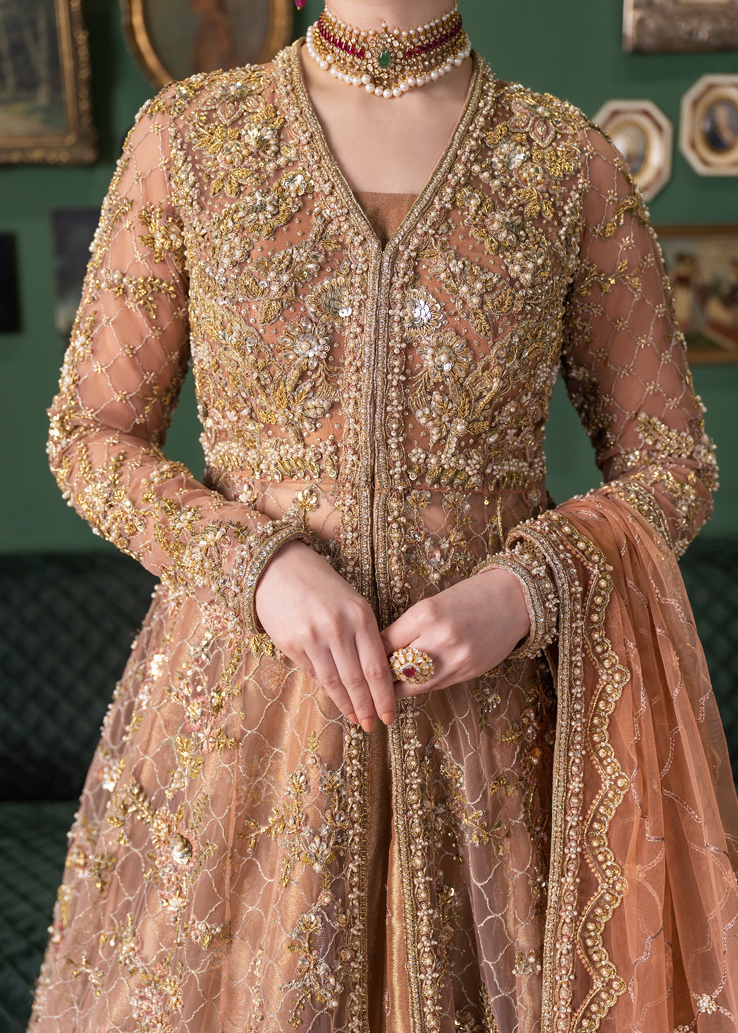 Apricot Blossom Bridal Peshwas Set - Image 5