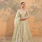Olive Green Embellished Front-Slit Gown Ensemble