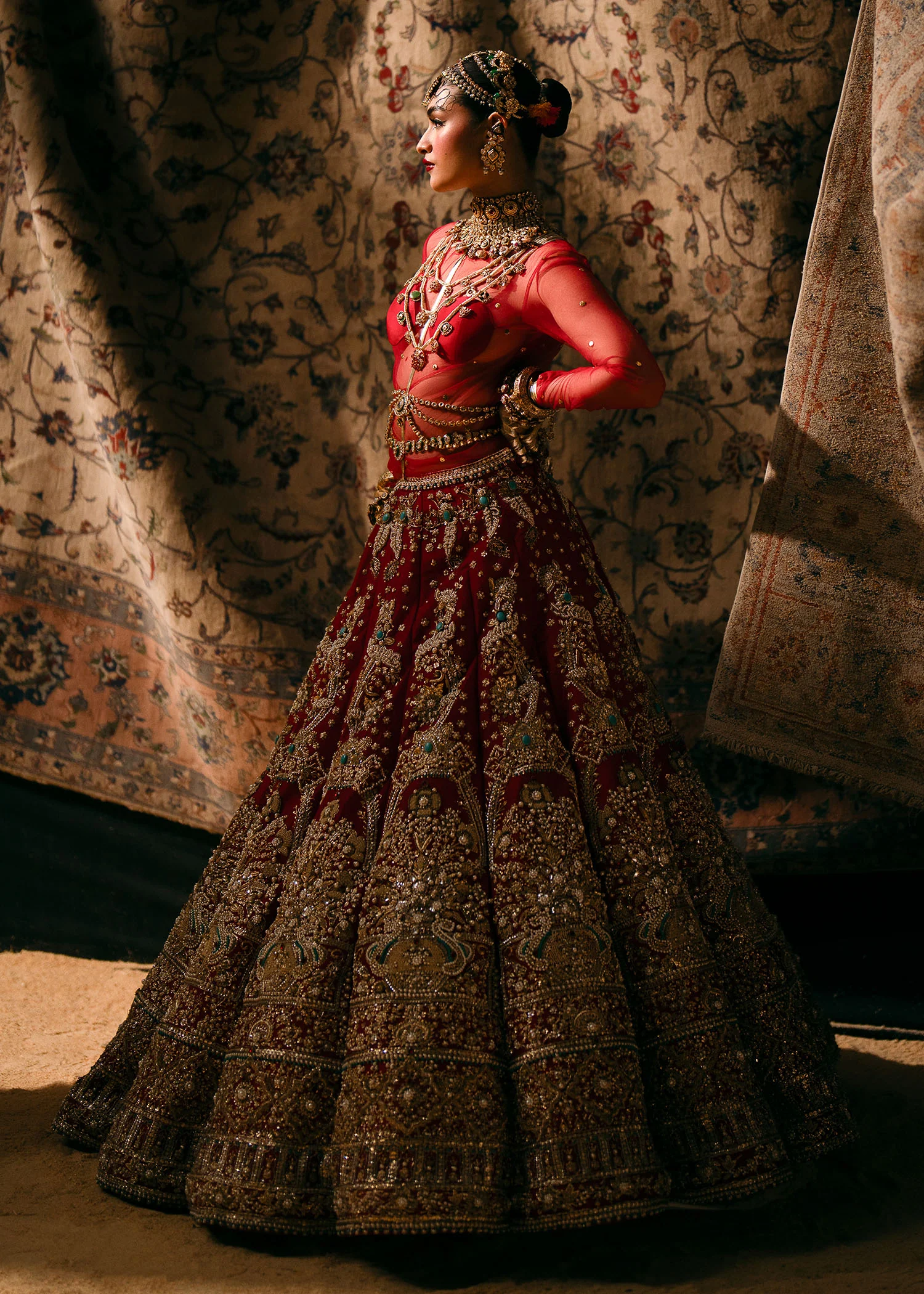 Ruby Red Raw Silk Lehenga Ensemble - Image 4