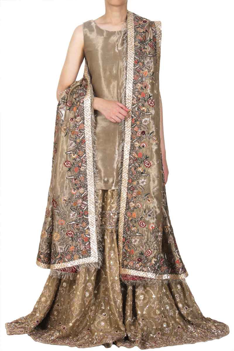 Metallic Gold Tissue Gharara Ensemble - Image 3