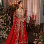 Royal Red Raw Silk Bridal Lehenga with Embellished Shawl