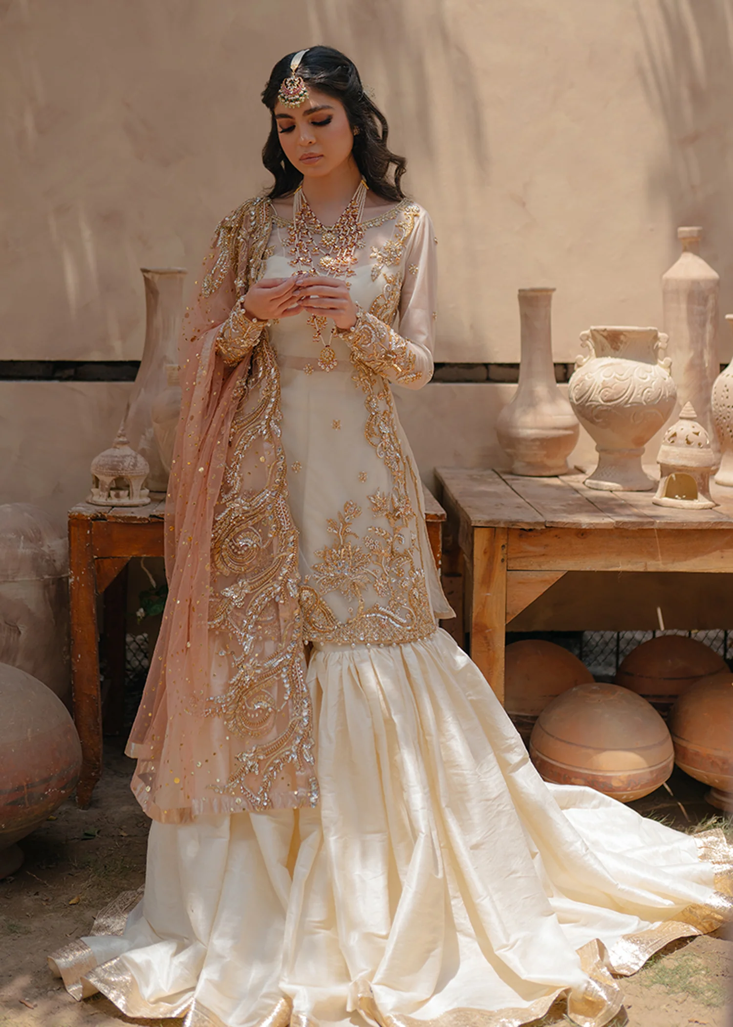 Peach Cream Festive Gharara Set