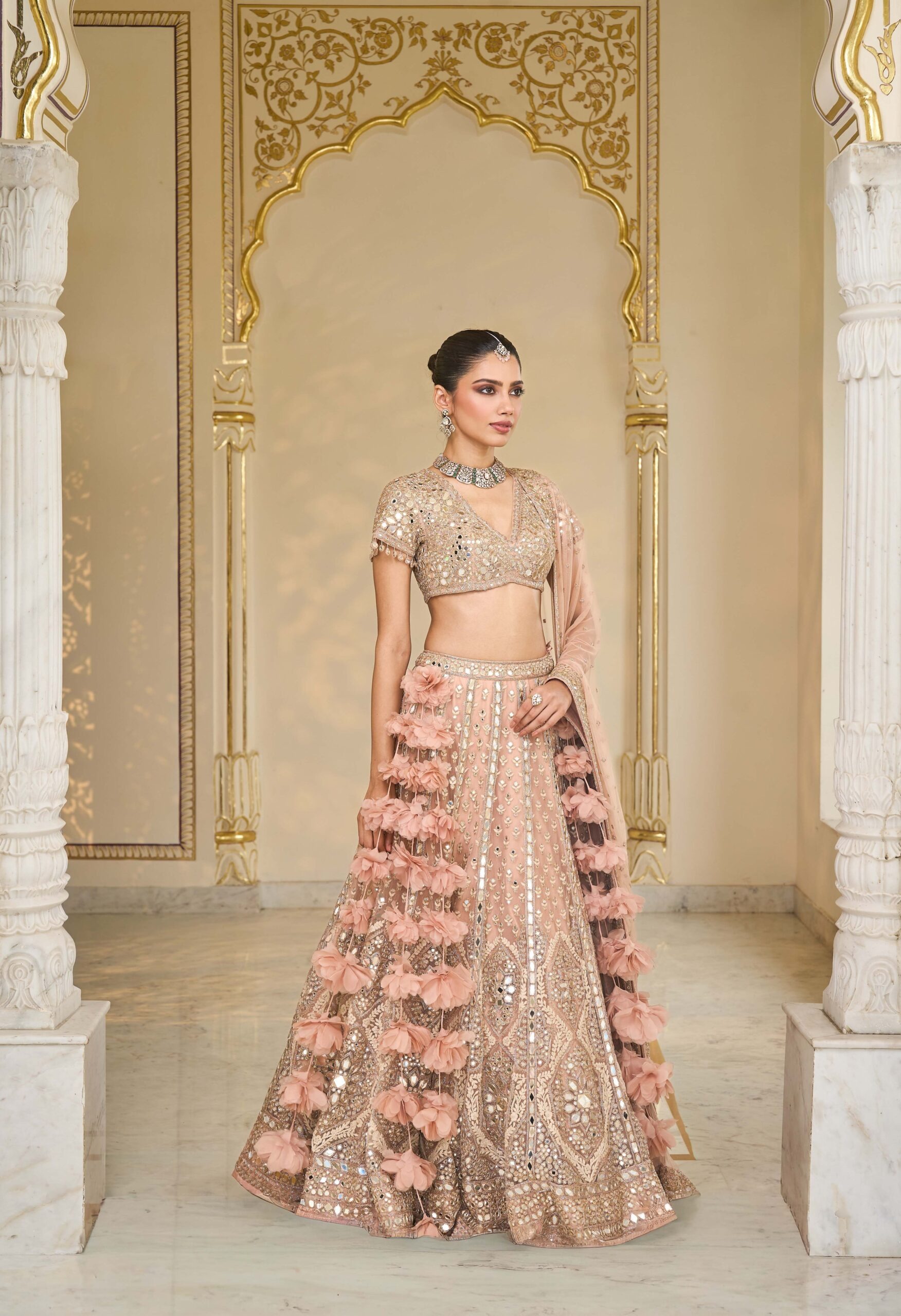 Blush Rose Hand-Embroidered Bridal Lehenga - Image 3
