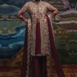 Dark Scarlet Iris Embroidered Long Coat Suit