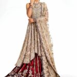 Maroon Sleeveless Bridal Lehenga Suit with Scalloped Dupatta