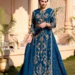 Teal Blue Chiffon Long Shirt Ensemble with Hand-Embellished Skirt and Dupatta