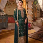 Bottle Green Chiffon Mukesh Shirt with Raw Silk Trouser