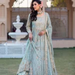Ice Blue Chiffon Dress with Jamawar Lehnga and Embroidered Dupatta